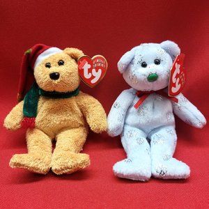 Flaky The Bear and 2003 Holiday Teddy Bear Jingle Beanies Set of 2 Christmas Plu